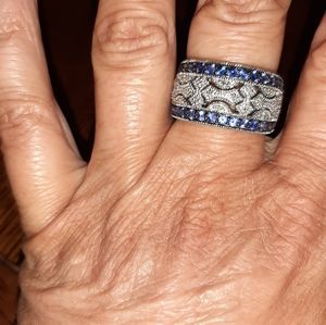 STERLING SILVER BLUE SAPPHIRE & DIAMOND WIDE BAND RING 7